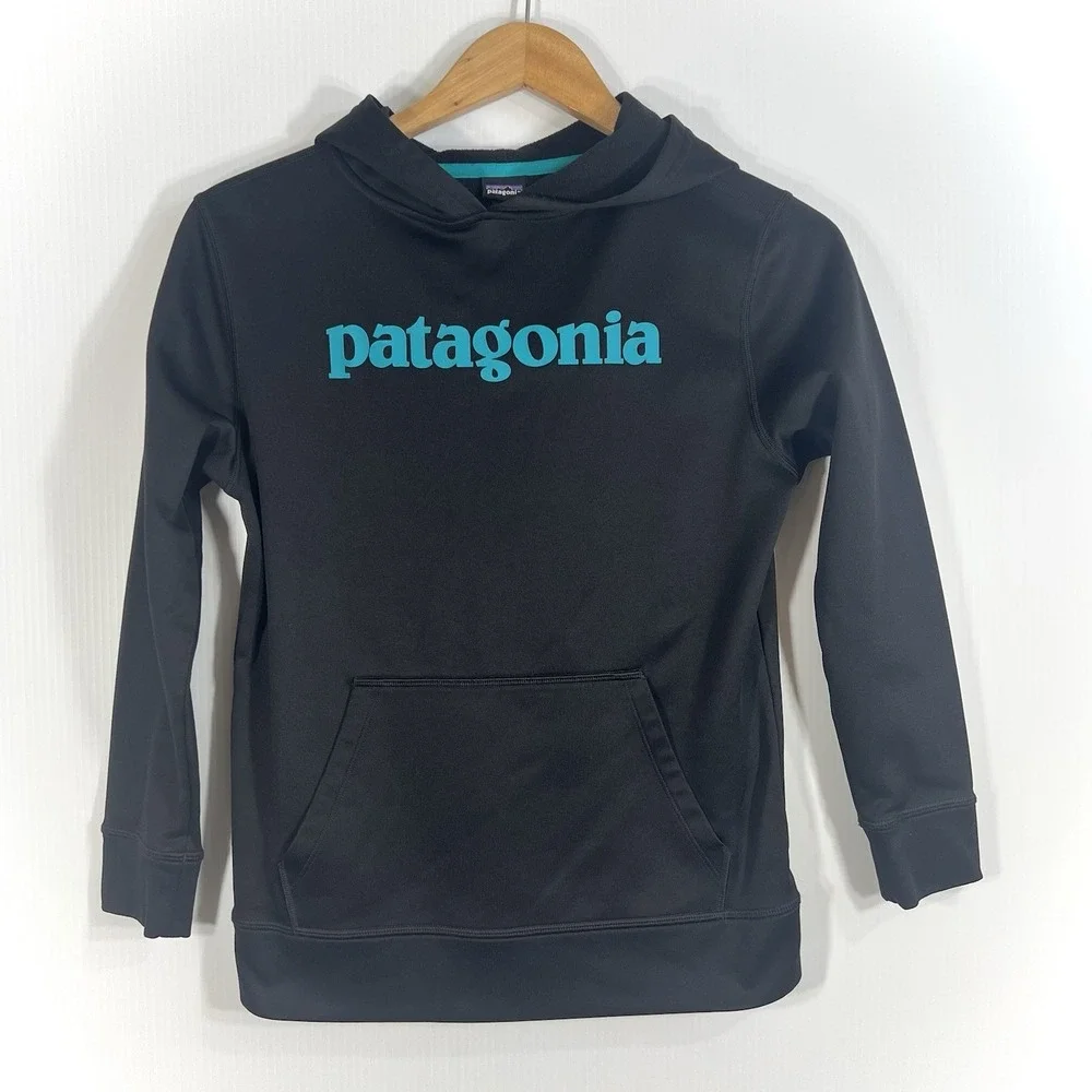 Patagonia Boys' Graphic PolyCycle Hoody Size Large 12‎ Black Teal Logo *READ*